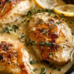 Creamy lemon thyme chicken served on a plate with herbs and lemon slices