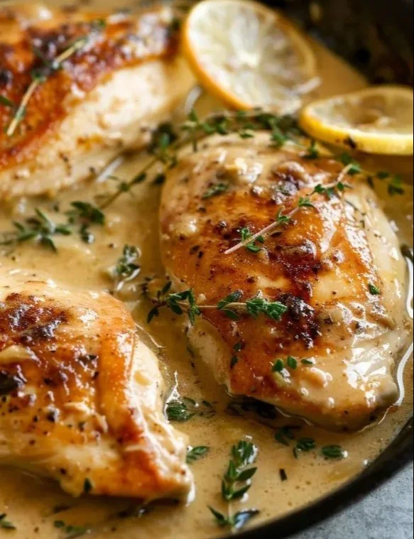 Creamy lemon thyme chicken served on a plate with herbs and lemon slices