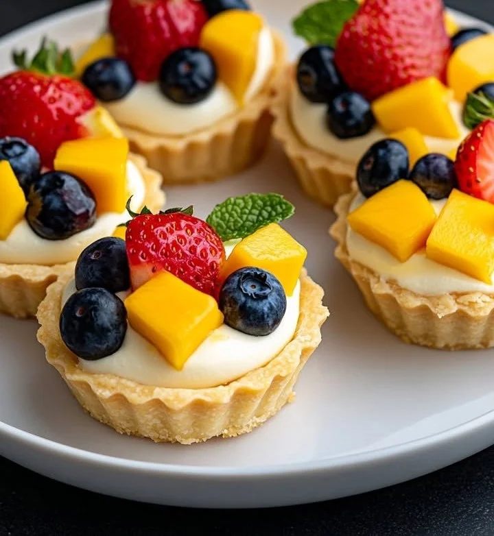 Creamy mini fruit tarts topped with fresh fruits