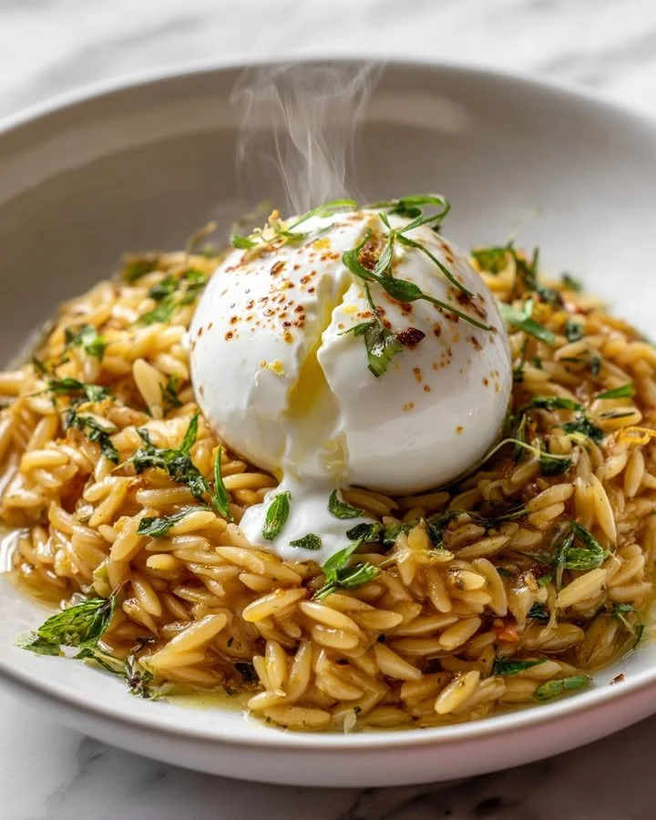 Creamy orzo risotto topped with lemon feta sauce and burrata