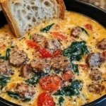 Bowl of creamy Parmesan Italian Sausage Soup with fresh herbs and vegetables
