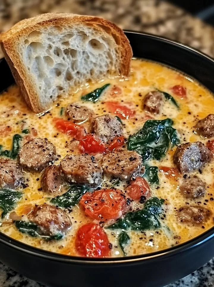Bowl of creamy Parmesan Italian Sausage Soup with fresh herbs and vegetables