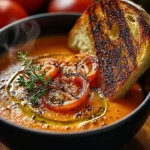 Bowl of creamy roasted tomato and garlic soup garnished with herbs