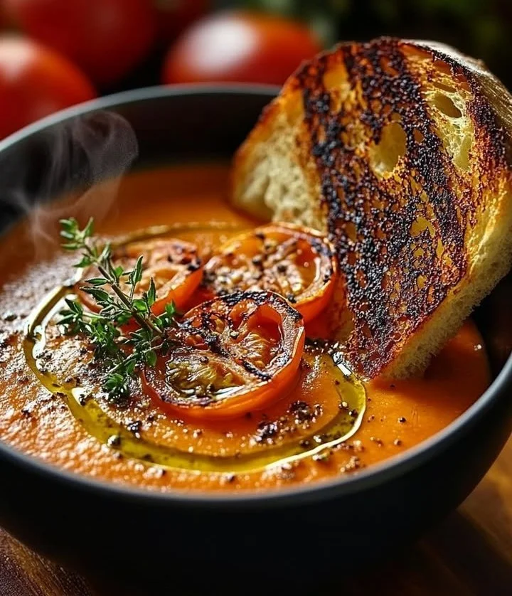 Bowl of creamy roasted tomato and garlic soup garnished with herbs