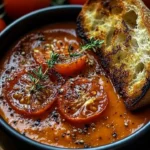 Creamy roasted tomato and garlic soup served in a bowl