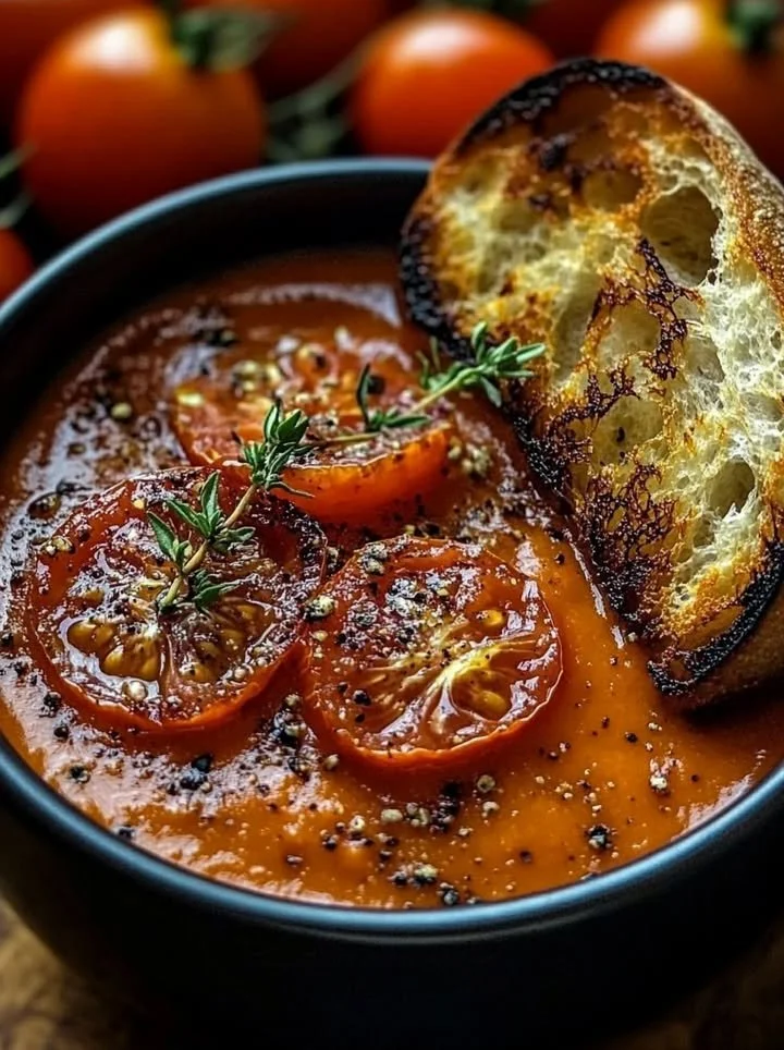 Creamy roasted tomato and garlic soup served in a bowl