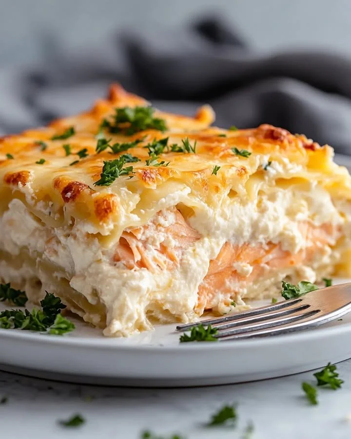 Creamy salmon lasagna topped with spinach and ricotta cheese in a baking dish