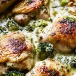 Creamy salsa verde chicken bake with cheese and herbs in a casserole dish