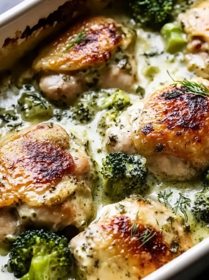 Creamy salsa verde chicken bake with cheese and herbs in a casserole dish