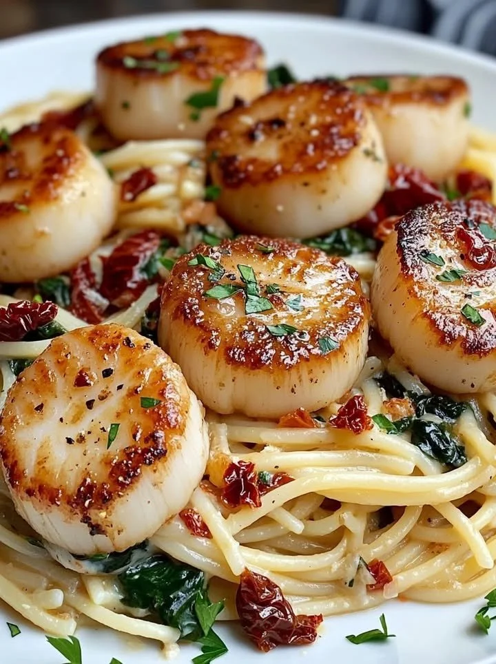 Creamy scallop spinach spaghetti with garlic and herbs