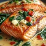 Creamy spinach and roasted red pepper salmon dish, garnished and ready to serve.