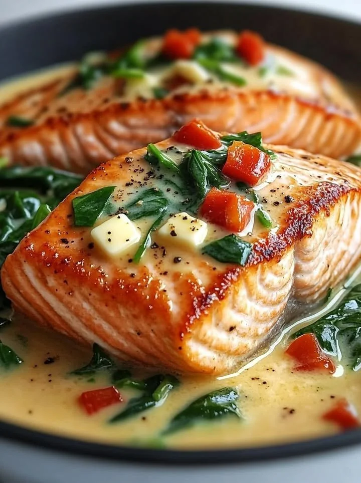 Creamy spinach and roasted red pepper salmon dish, garnished and ready to serve.