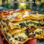 Creamy spinach mushroom lasagna baked to perfection with cheesy layers