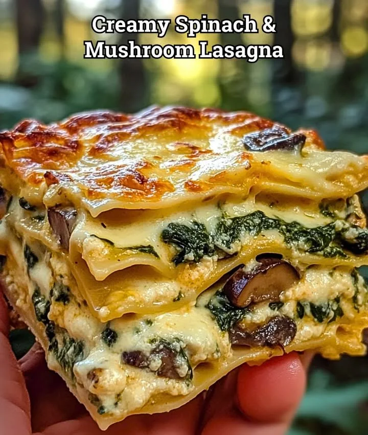 Creamy spinach mushroom lasagna baked to perfection with cheesy layers