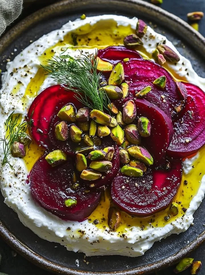 Creamy whipped feta dip with marinated beets and crunchy pistachios