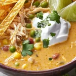 Creamy white chicken chili in a bowl topped with cilantro and lime
