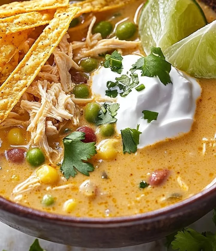 Creamy white chicken chili in a bowl topped with cilantro and lime
