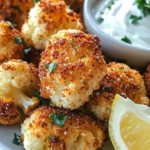 Crispy baked cauliflower bites served on a plate with dipping sauce