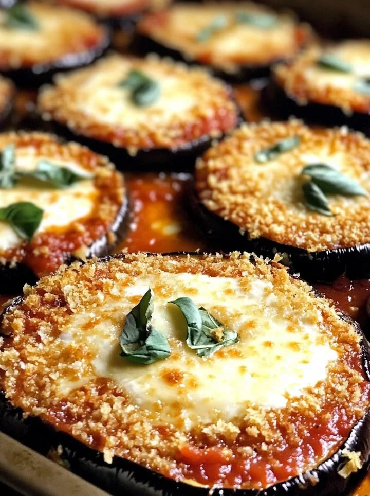 Crispy baked eggplant parmesan served with marinara sauce and basil.