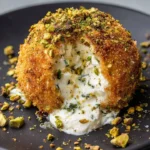 Crispy Burrata Bomb with whipped goat cheese and herb core presented on a plate.