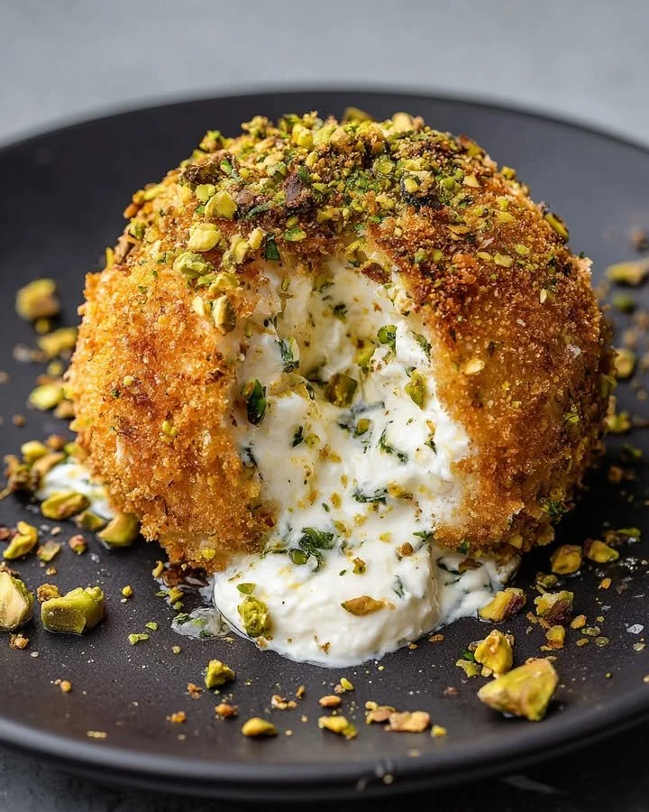 Crispy Burrata Bomb with whipped goat cheese and herb core presented on a plate.
