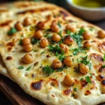 Crispy chickpea flatbread on a wooden board with herbs and spices