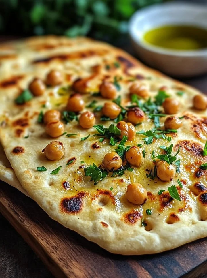 Crispy chickpea flatbread on a wooden board with herbs and spices