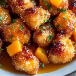 Crispy coconut chicken served with sweet and tangy peach sauce on a plate