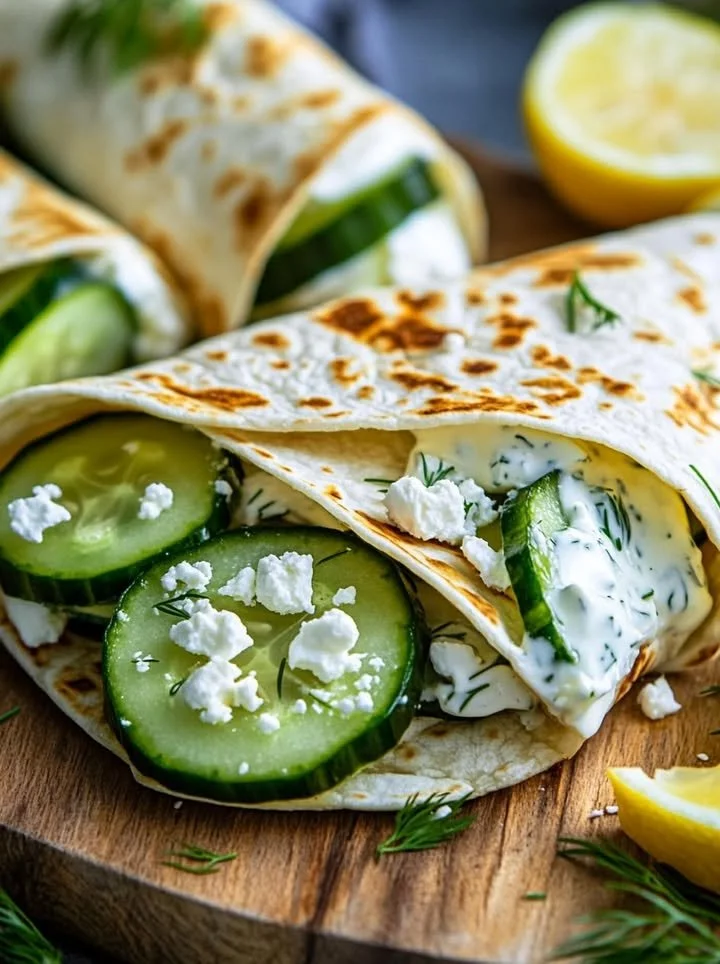 Crispy cucumber feta wraps with fresh ingredients and vibrant presentation.