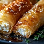 Crispy feta phyllo rolls topped with spicy honey served on a plate