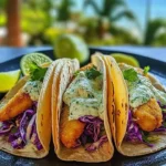 Delicious crispy fish tacos with cilantro lime slaw served on a plate
