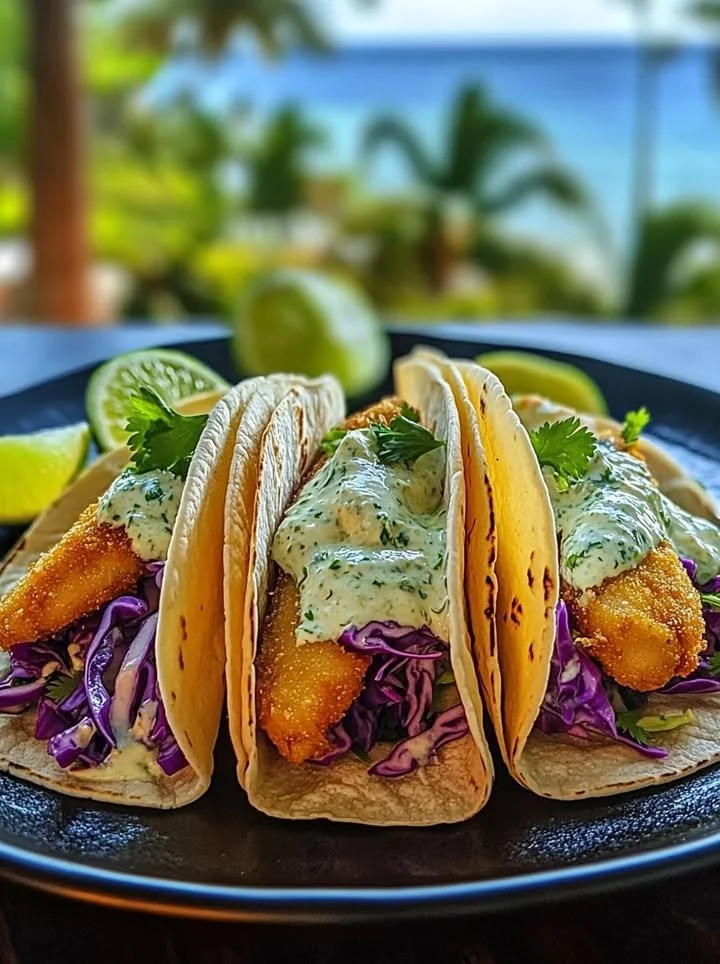 Delicious crispy fish tacos with cilantro lime slaw served on a plate