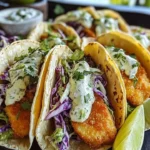 Crispy fish tacos with cilantro lime slaw on a plate