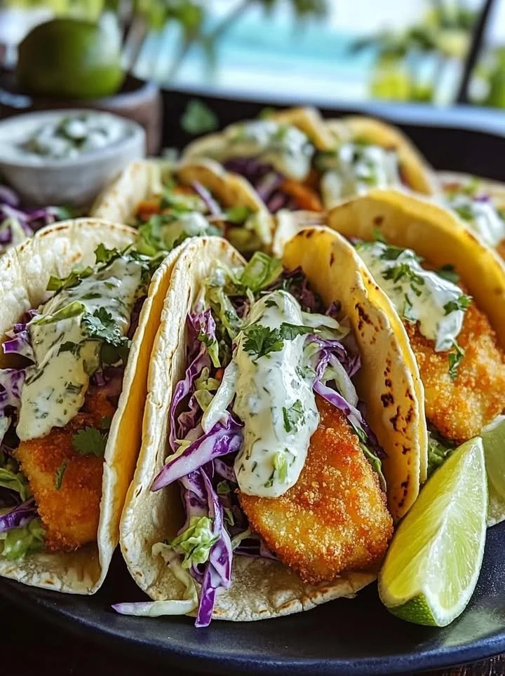 Crispy fish tacos with cilantro lime slaw on a plate