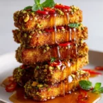 Crispy halloumi in pistachio coating topped with lime-honey drizzle