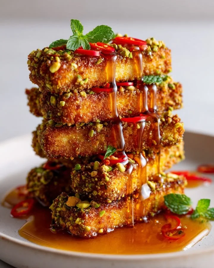 Crispy halloumi in pistachio coating topped with lime-honey drizzle