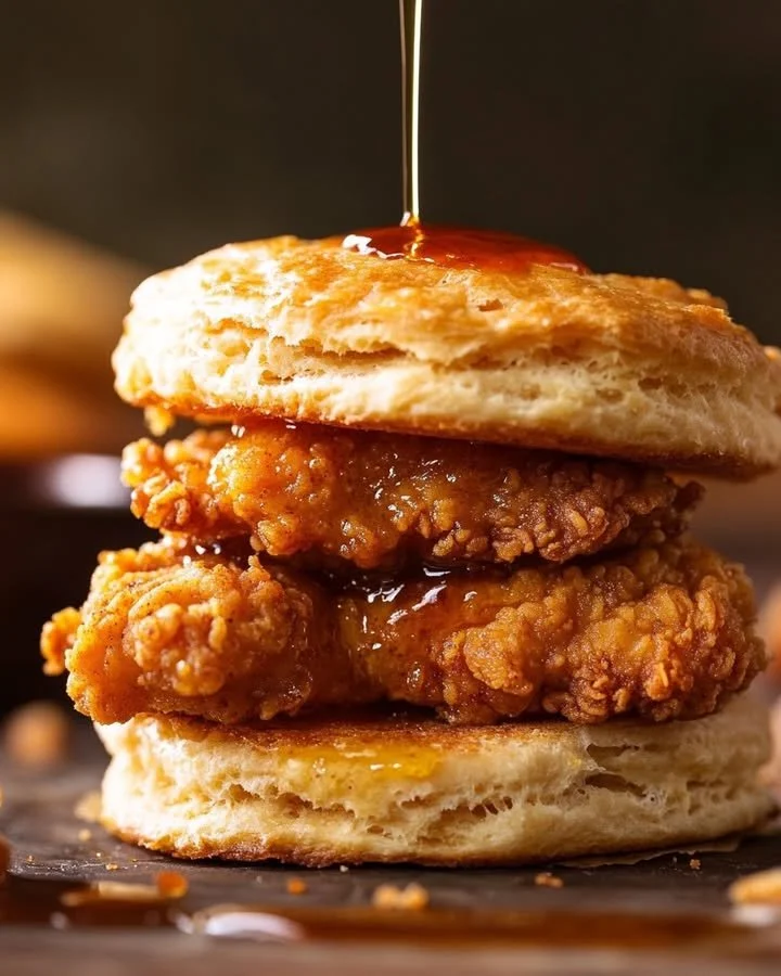 Crispy honey butter fried chicken biscuits on a plate