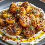 Crispy smashed potatoes with whipped feta and chili oil garnished on a plate