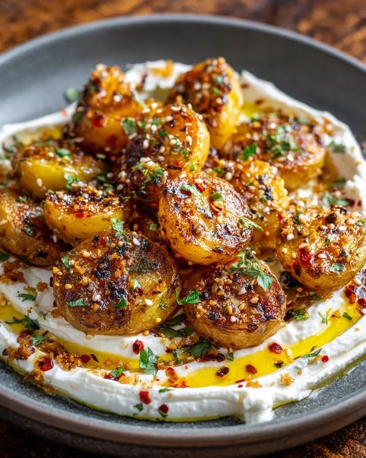 Crispy smashed potatoes with whipped feta and chili oil garnished on a plate