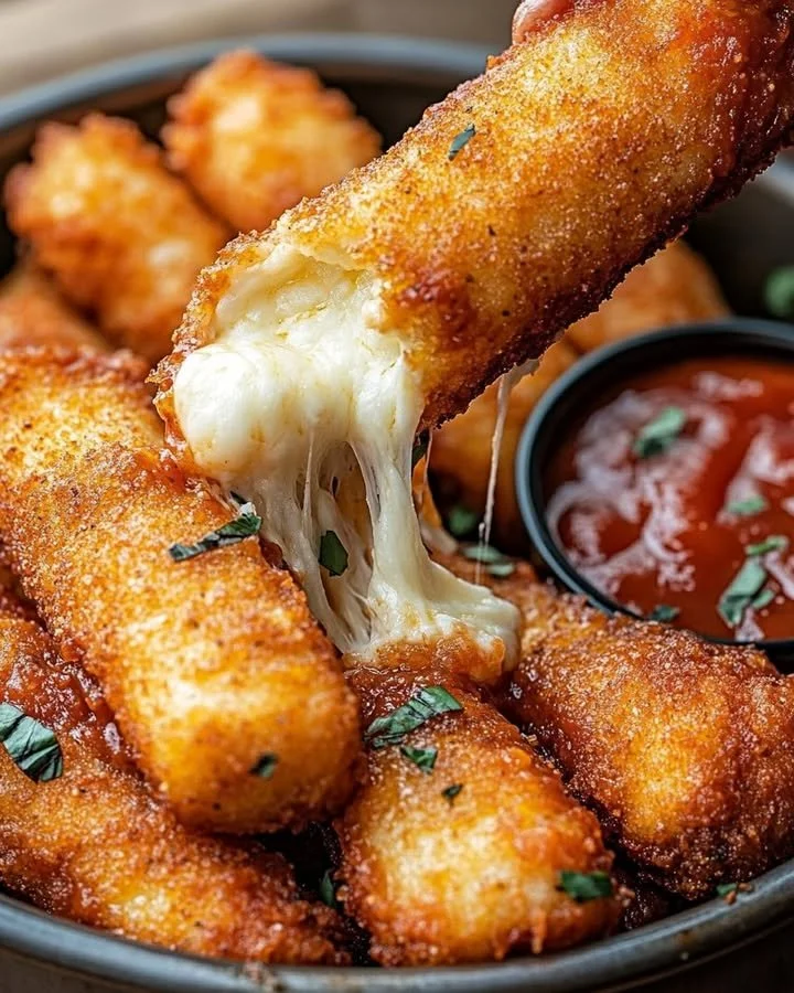 Crispy mozzarella sticks with marinara sauce and creamy dip on a plate