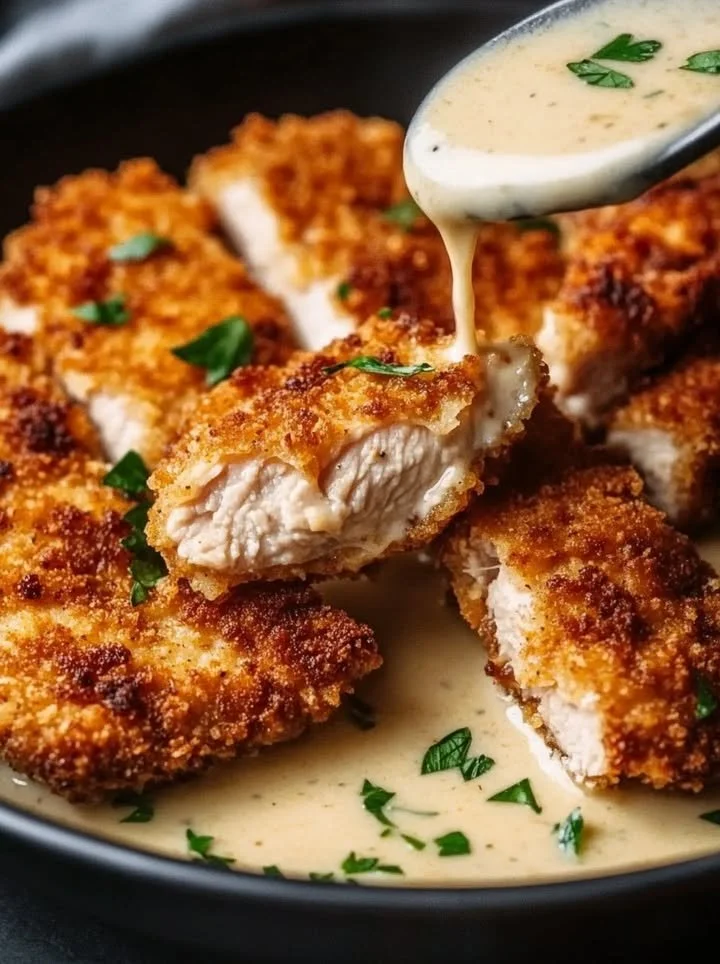 Crispy Parmesan Chicken served with a rich garlic sauce