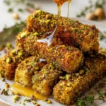 Crispy pistachio-crusted feta sticks drizzled with hot honey