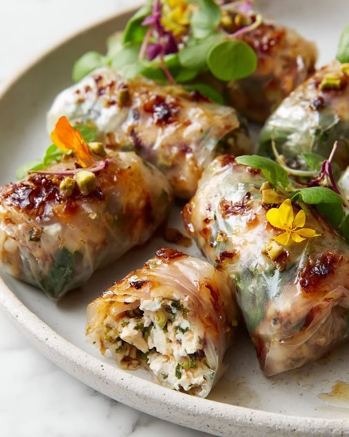 Crispy rice paper parcels filled with whipped feta and garnished with pistachios.