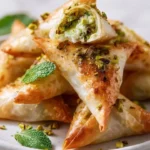 Crispy rice paper samosas with a whipped pistachio and feta filling on a plate