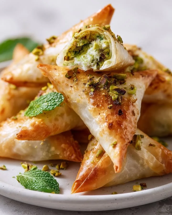Crispy rice paper samosas with a whipped pistachio and feta filling on a plate