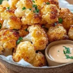 Crispy roasted cauliflower bites served on a plate with dipping sauce.
