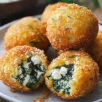 Crispy spinach feta cornmeal fritters garnished on a plate