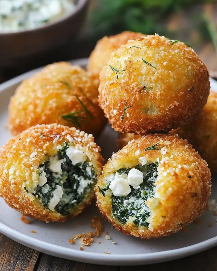 Crispy spinach feta cornmeal fritters garnished on a plate