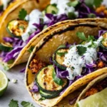 Crispy zucchini tacos topped with blue cheese and fresh herbs