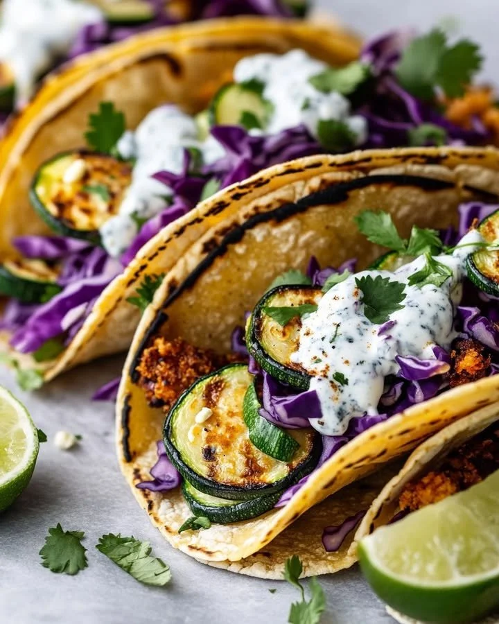 Crispy zucchini tacos topped with blue cheese and fresh herbs